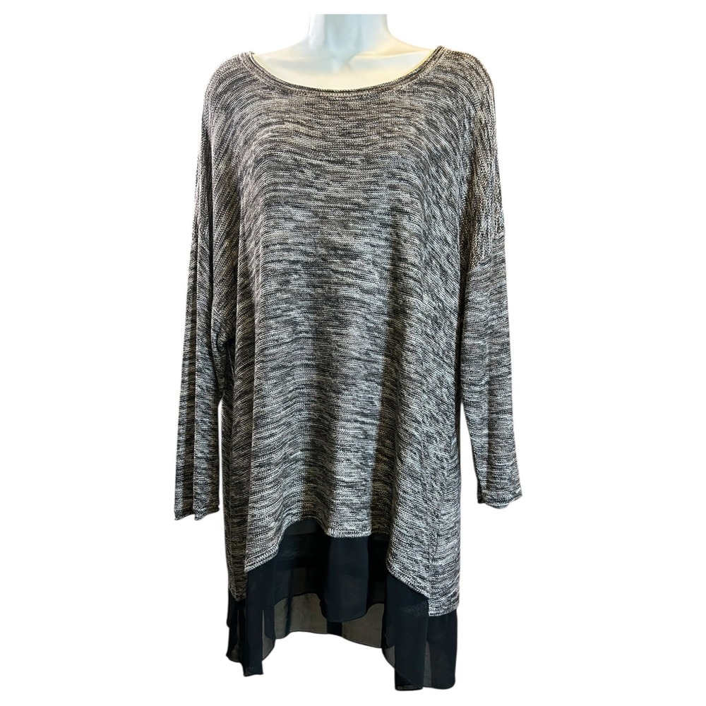 Cupio Woman Knit Tunic Sweater Chiffon Hem Black White Women's 2X